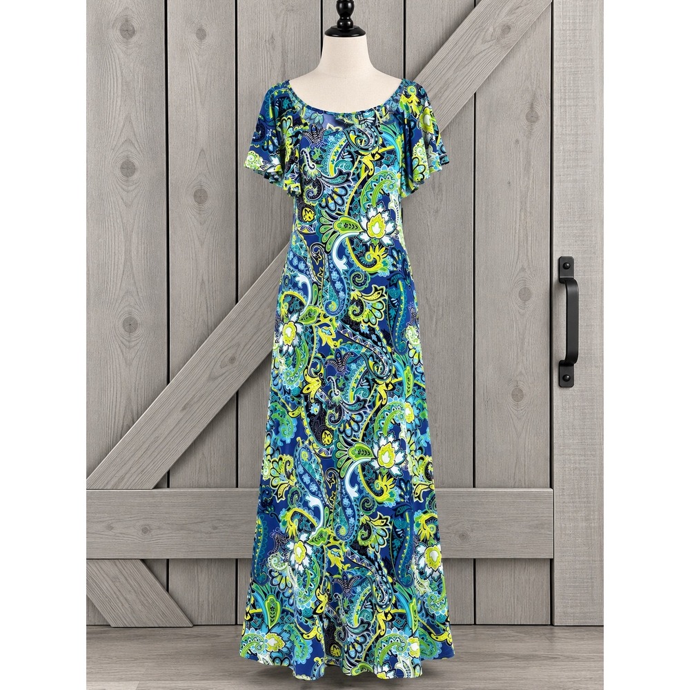 New Attitudes by Renee Maxi Dress Size Large Tall LT Paisley Flutter Slv A637011